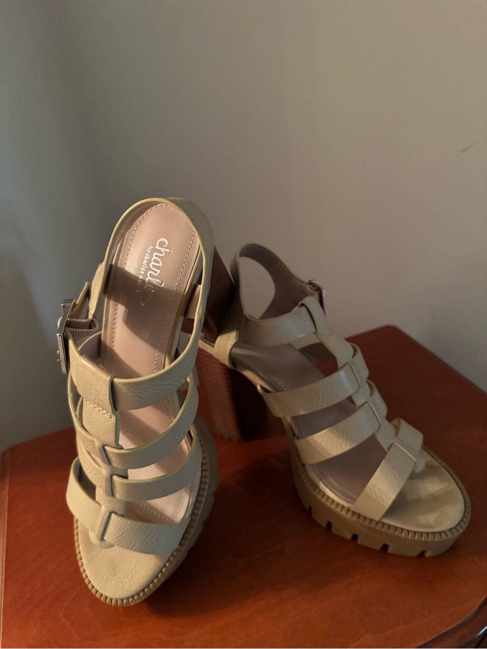Charles by Charles David Cream Strappy Lug Sole Block Heel Sandals